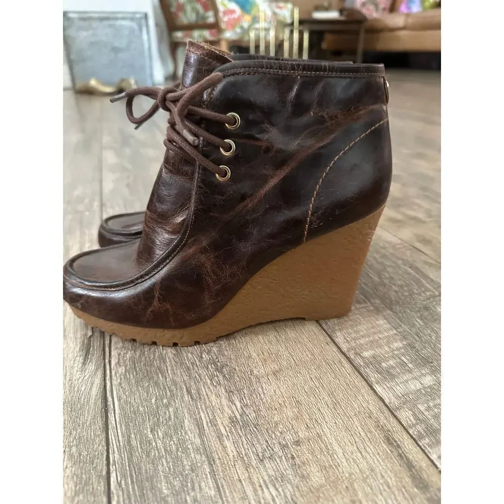Michael Kors Women's Brown Leather Lace Up Wedge Ankle Booties Size 7.5